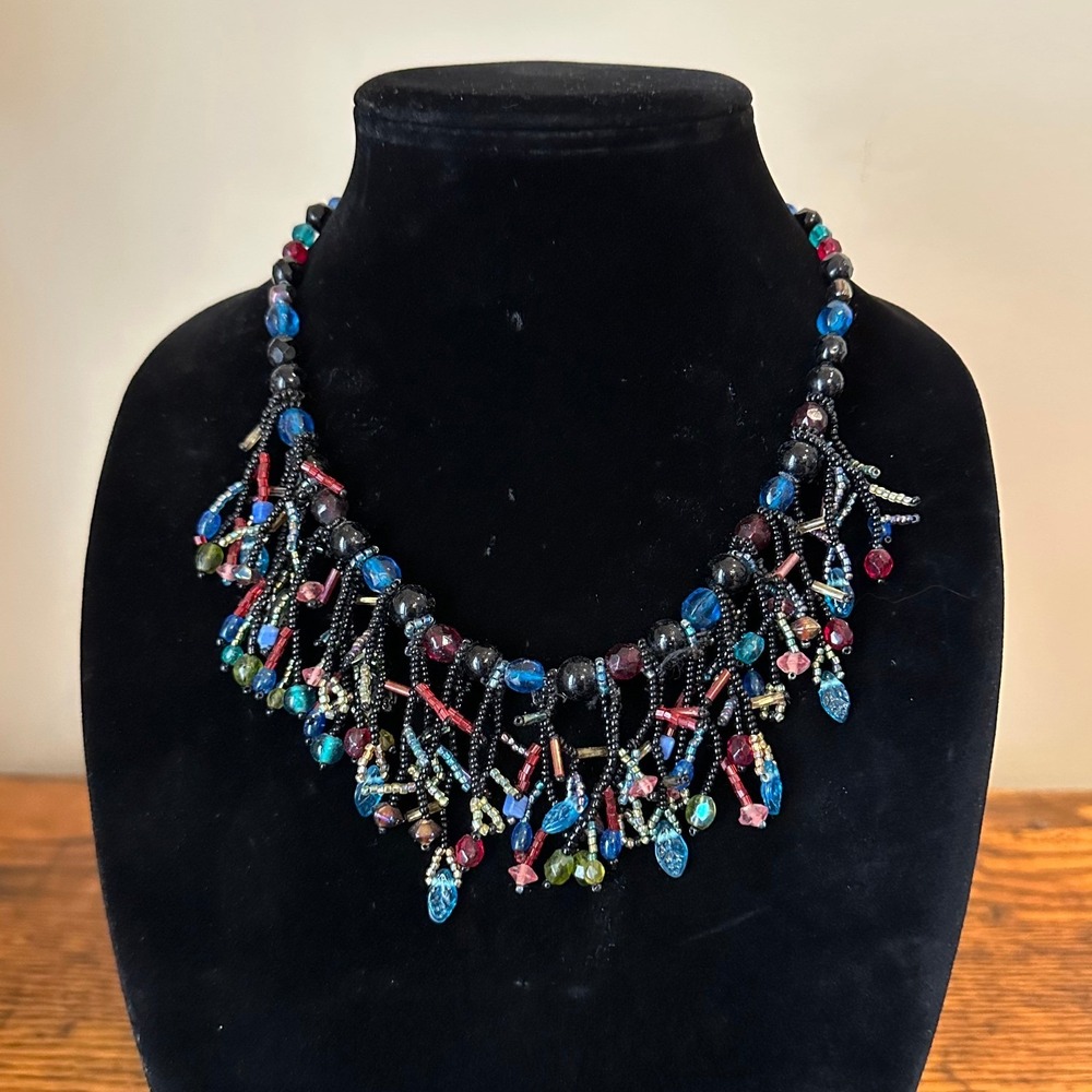 Multi Color Glass Seed Bead‎ Fringe Bib Statement Necklace Gunmetal 20 Inch